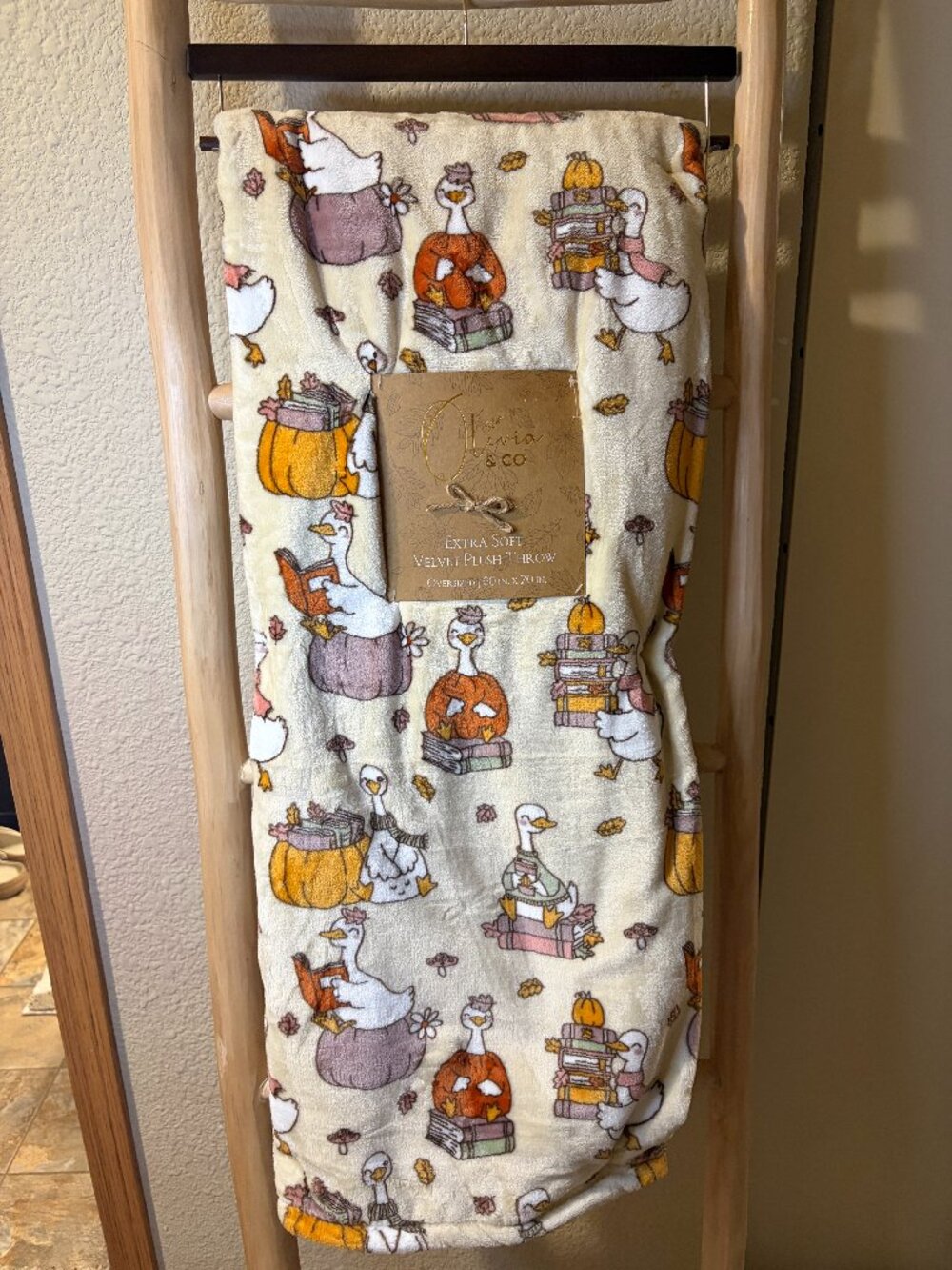 Olivia & Co Fall Goose Pumpkin Book Lover Velvet Plush Throw Blanket 60x70 NWT
